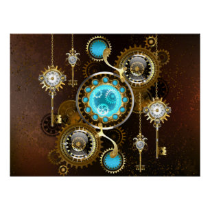 Steampunk Roestige Achtergrond met Turquoise Lenze Perfect Poster