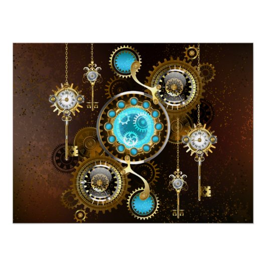 Steampunk Roestige Achtergrond met Turquoise Lenze Perfect Poster (Voorkant)