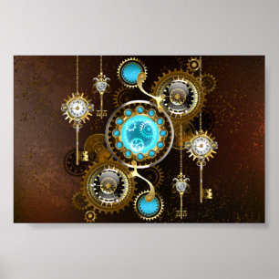 Steampunk roestige achtergrond met turquoise lenze poster