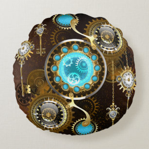 Steampunk Roestige Achtergrond met Turquoise Lenze Rond Kussen