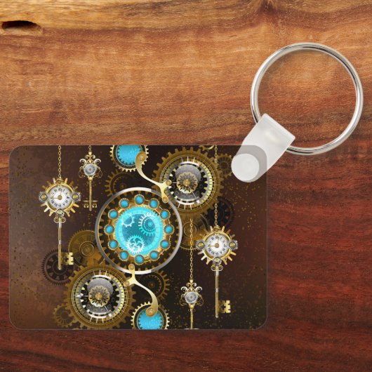 Steampunk roestige achtergrond met turquoise lenze sleutelhanger (Voorkant)