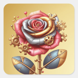 Steampunk Rood en Goud Roos Vierkante Sticker