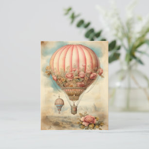 Steampunk Roze Bloemen Hete Luchtballon Briefkaart