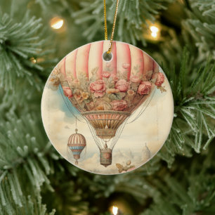  Steampunk Roze Bloemen Hete Luchtballon Keramisch Ornament
