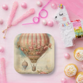  Steampunk Roze Bloemen Hete Luchtballon Papieren Bordje (Feest)