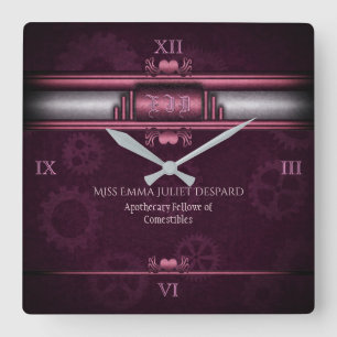 Steampunk, roze harten en tandwielen, monogram vierkante klok