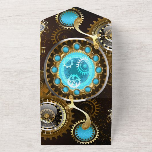 Steampunk Rusty Background met Turquoise Lenses All In One Uitnodiging (Buitenkant)