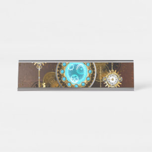 Steampunk Rusty Background met Turquoise Lenses Bureau Naambordje