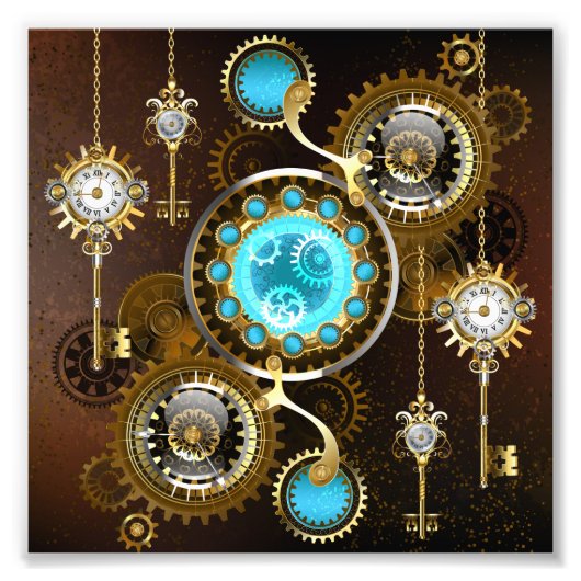 Steampunk Rusty Background met Turquoise Lenses Foto Afdruk (Voorkant)