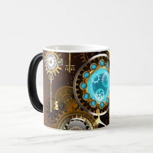 Steampunk Rusty Background met Turquoise Lenses Magische Mok (Voorkant links)