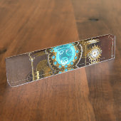 Steampunk Rusty Background met Turquoise Lenses Naambordje (Zijkant)