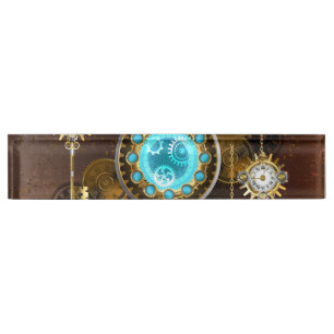 Steampunk Rusty Background met Turquoise Lenses Naambordje