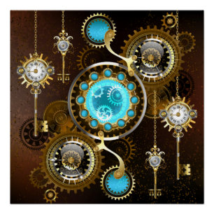 Steampunk Rusty Background met Turquoise Lenses Perfect Poster
