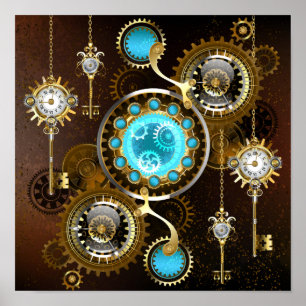 Steampunk Rusty Background met Turquoise Lenses Poster