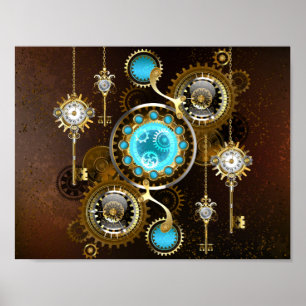 Steampunk Rusty Background met Turquoise Lenses Poster
