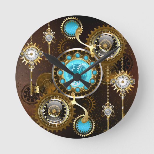 Steampunk Rusty Background met Turquoise Lenses Ronde Klok (Voorkant)