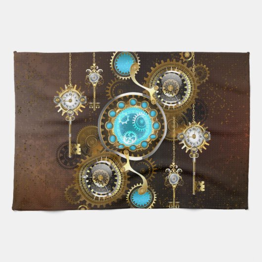 Steampunk Rusty Background met Turquoise Lenses Theedoek (Horizontaal)