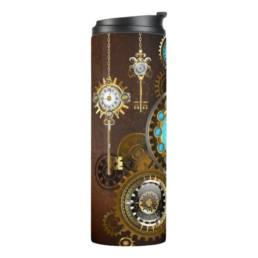 Steampunk Rusty Background met Turquoise Lenses Thermosbeker (Gedraaid links)