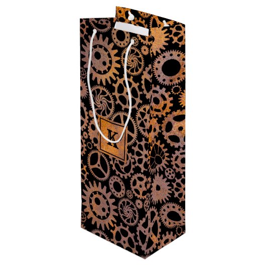 Steampunk Rusty Gears Aangepast monogram Blok Wijn Cadeautas (Achterkant Gekanteld)