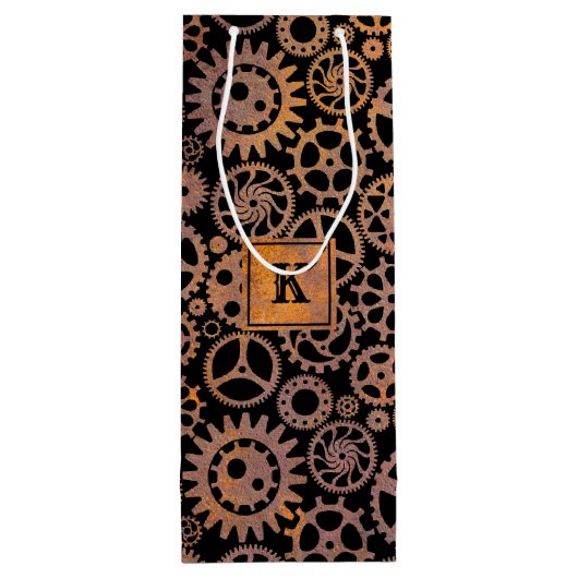 Steampunk Rusty Gears Aangepast monogram Blok Wijn Cadeautas (Achterkant)