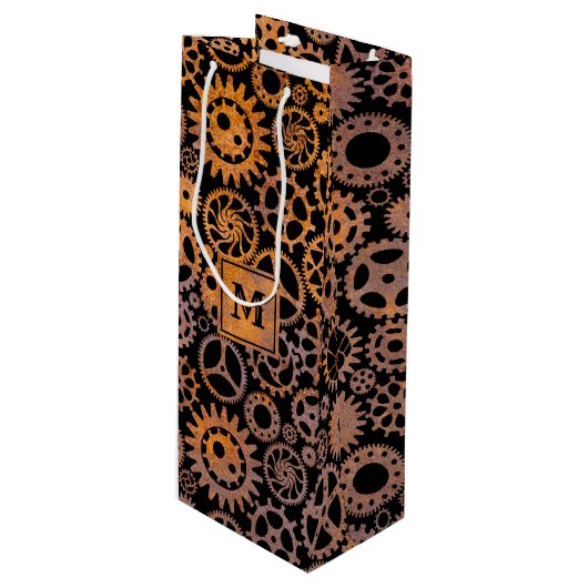 Steampunk Rusty Gears Aangepast monogram Blok Wijn Cadeautas (Voorkant Gekanteld)