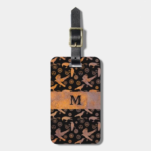 Steampunk Rusty Steel Gears and Crows Monogram Bagagelabel (Voorkant verticaal)