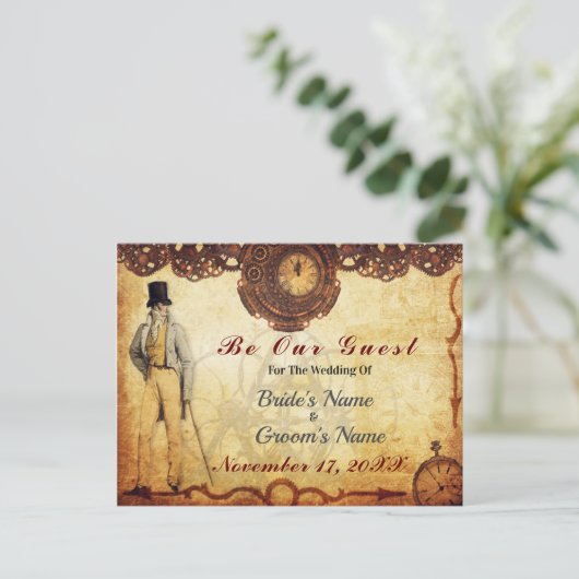 Steampunk Save the Date Romance Klokkenspel Aankondigingskaart (Staand voorkant)