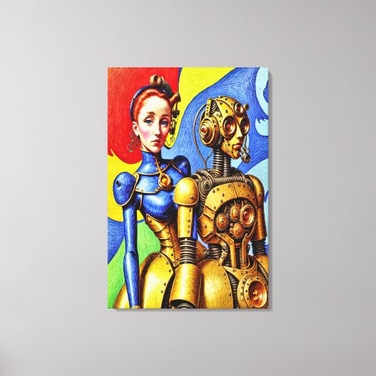 Steampunk Schattige Meisje en Machine Vriend Canvas Afdruk (Voorkant)