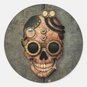 Steampunk schedel met bril - Steel Effect Ronde Sticker