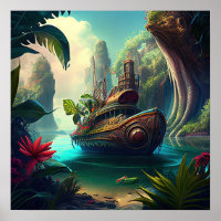 Steampunk schip in een oerwoud magisch realisme -