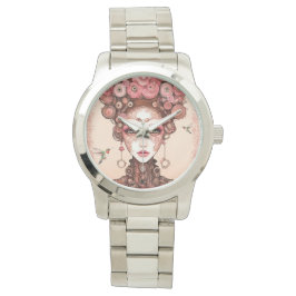  STEAMPUNK SCHOONHEIDSPOP GEZICHT ROZE OP METAAL HORLOGE