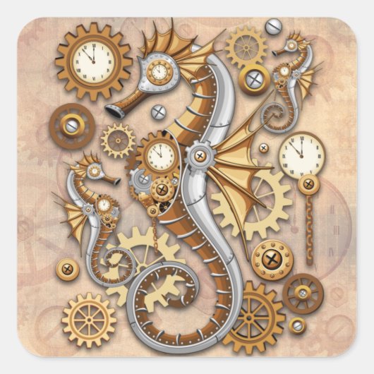 Steampunk Seahorse  Surreal Art Vierkante Sticker (Voorkant)