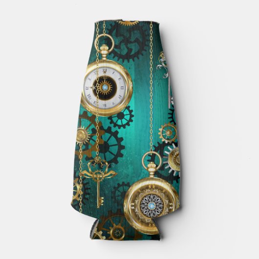 Steampunk-sieraden Horloge op een groene achtergro Flesjeskoeler (Voorkant)