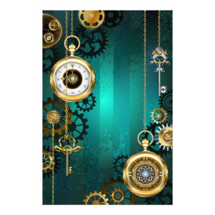 Steampunk-sieraden Horloge op een groene achtergro Foto Afdruk