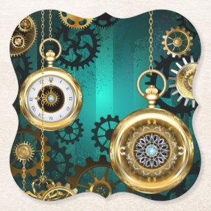 Steampunk-sieraden Horloge op een groene achtergro Kartonnen Onderzetters