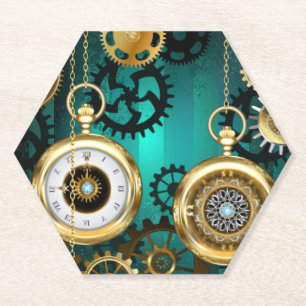 Steampunk-sieraden Horloge op een groene achtergro Kartonnen Onderzetters