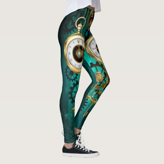 Steampunk-sieraden Horloge op een groene achtergro Leggings (Rechts)