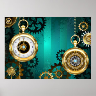 Steampunk-sieraden Horloge op een groene achtergro Poster