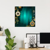 Steampunk-sieraden Horloge op een groene achtergro Poster (Thuiskantoor)