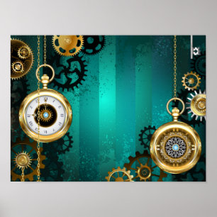 Steampunk-sieraden Horloge op een groene achtergro Poster