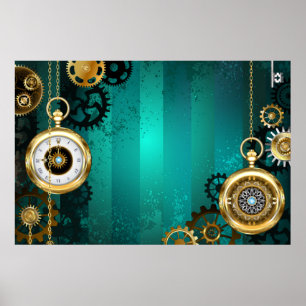 Steampunk-sieraden Horloge op een groene achtergro Poster