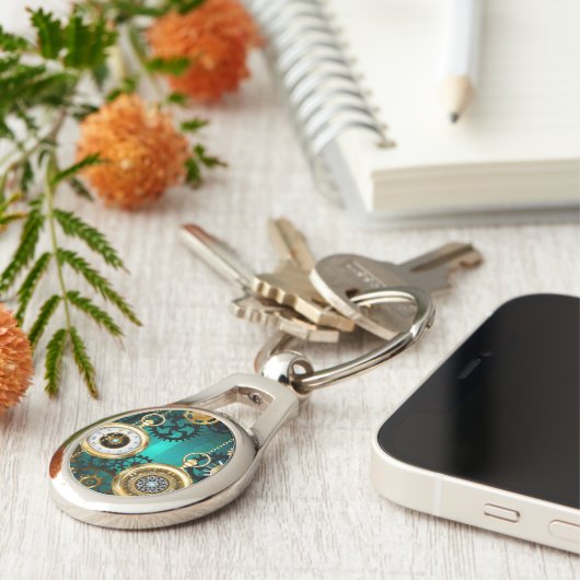 Steampunk-sieraden Horloge op een groene achtergro Sleutelhanger (Zijkant)