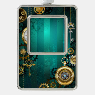 Steampunk-sieraden Horloge op een groene achtergro Verzilverd Kader Ornament
