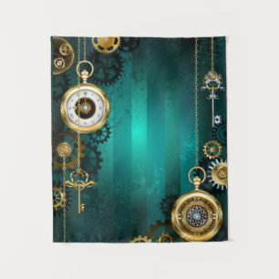 Steampunk-sieraden Horloge op een groene achtergro Wandkleed