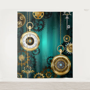 Steampunk-sieraden Horloge op een groene achtergro Wandkleed