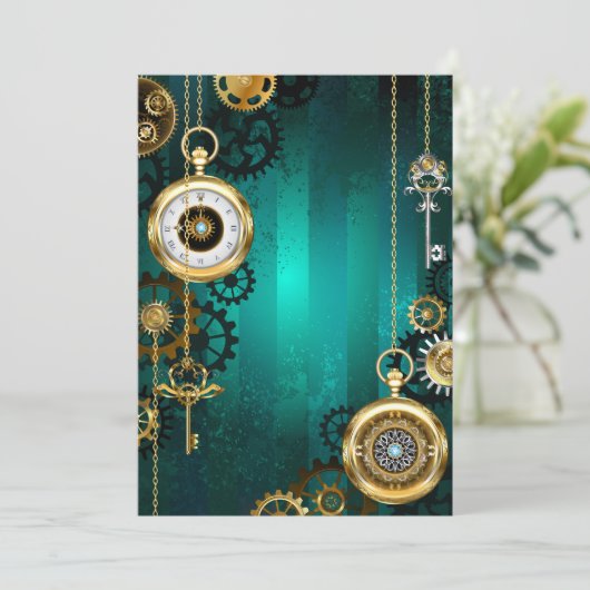 Steampunk-sieradenhorloge op een groene achtergron bedankkaart (Staand voorkant)