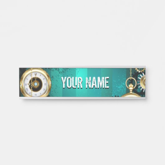 Steampunk-sieradenhorloge op een groene achtergron deurbordje (Voorkant)