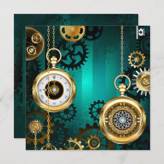 Steampunk-sieradenhorloge op een groene achtergron notitiekaartje (Voorkant / Achterkant)