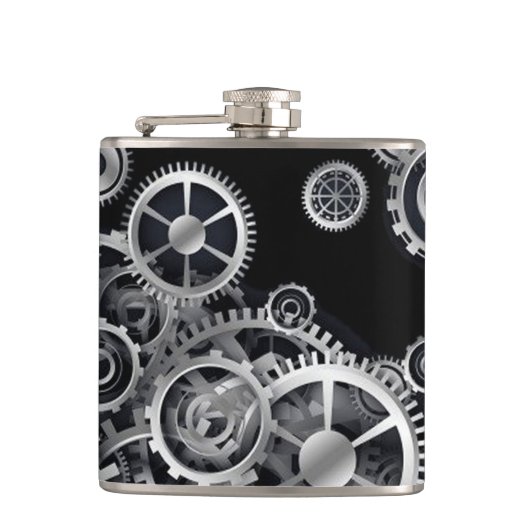 Steampunk Silver Gears Heupfles (Voorkant)