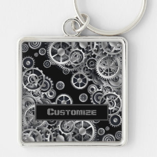 Steampunk Silver Gears Square Sleutelhanger